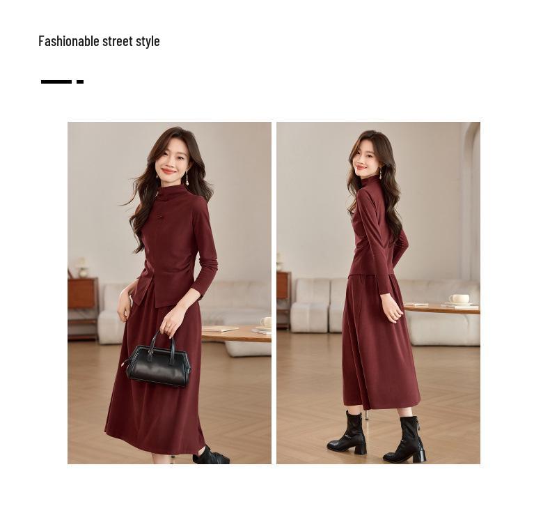 Moda de primăvară 2025: Rochie două piese groasă, periată, cu guler înalt și fustă midi (SH039)