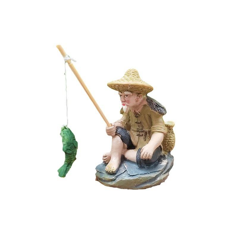 Fishing Old Man Resin Figure Statue Sitting Garden Aquarium Ornament Fisherman Scene Pool Micro-Landscape Bonsai Garden Craft