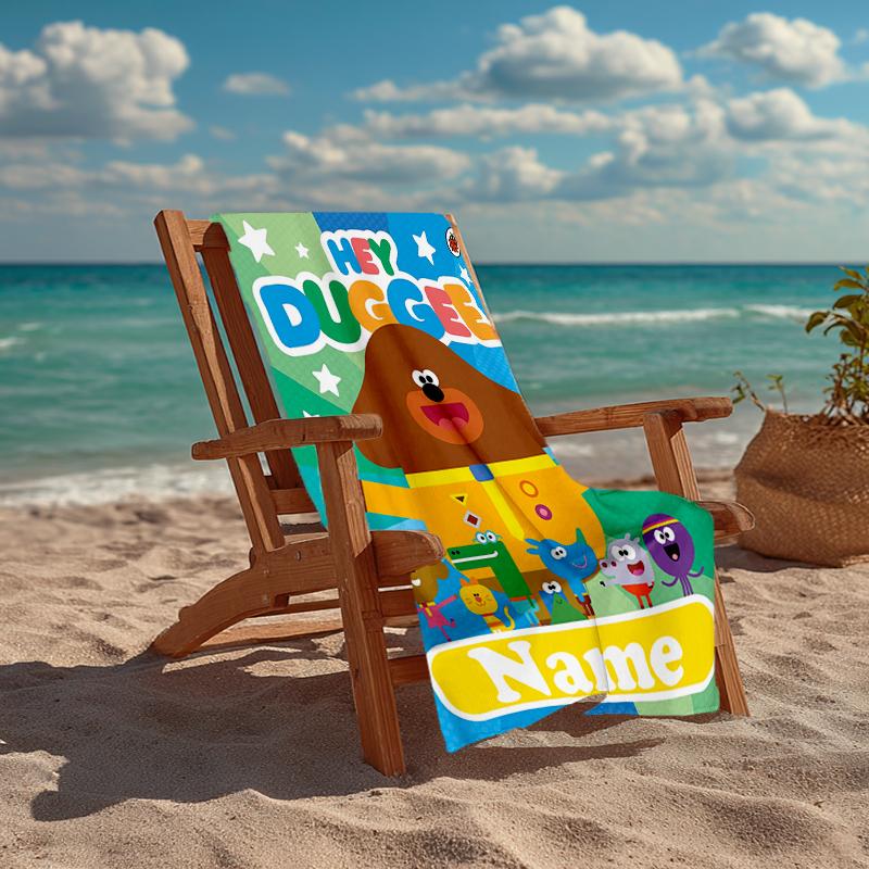 Custom Name Ultra-Soft Beach Towel with Hey Duggee Theme,Ideal for Pool - Camping, Diving - Perfect Travel Essential, Vibrant Beach Towel.