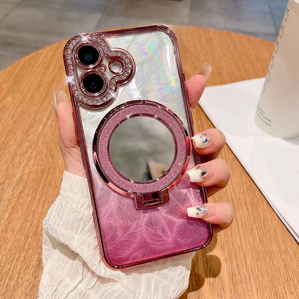 The Glass Mirror Surface Magnetic Stand Is Suitable for Iphone16 Phone Cases, Apple 15promax Luxurious Gradient Feather 14