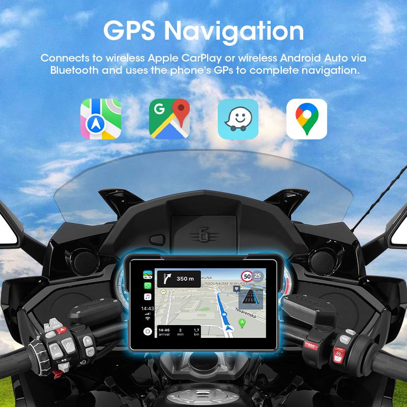 Écran de moto CarPlay sans fil 5/7 pouces, Android Auto, tableau de bord numérique Portable pour moto, DVR, Navigation GPS, étanche IPX7