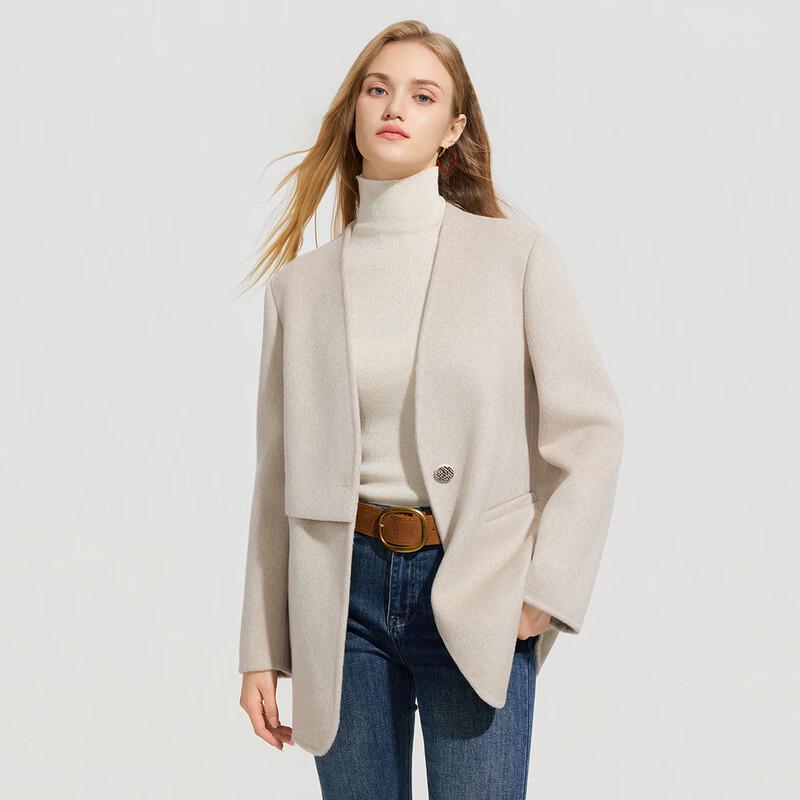 Her Figure Damski Mały Dwustronny Płaszcz Krótki z Mieszanki Wełny z Dekoltem V