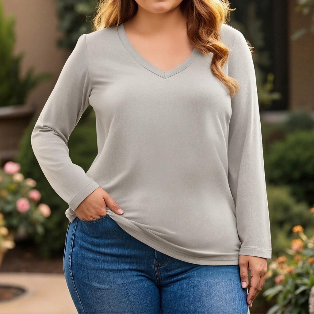 Womens Plus Size Long Sleeve Shirts  V Neck Tunic Tops Basic Loose Fit Tee Tops