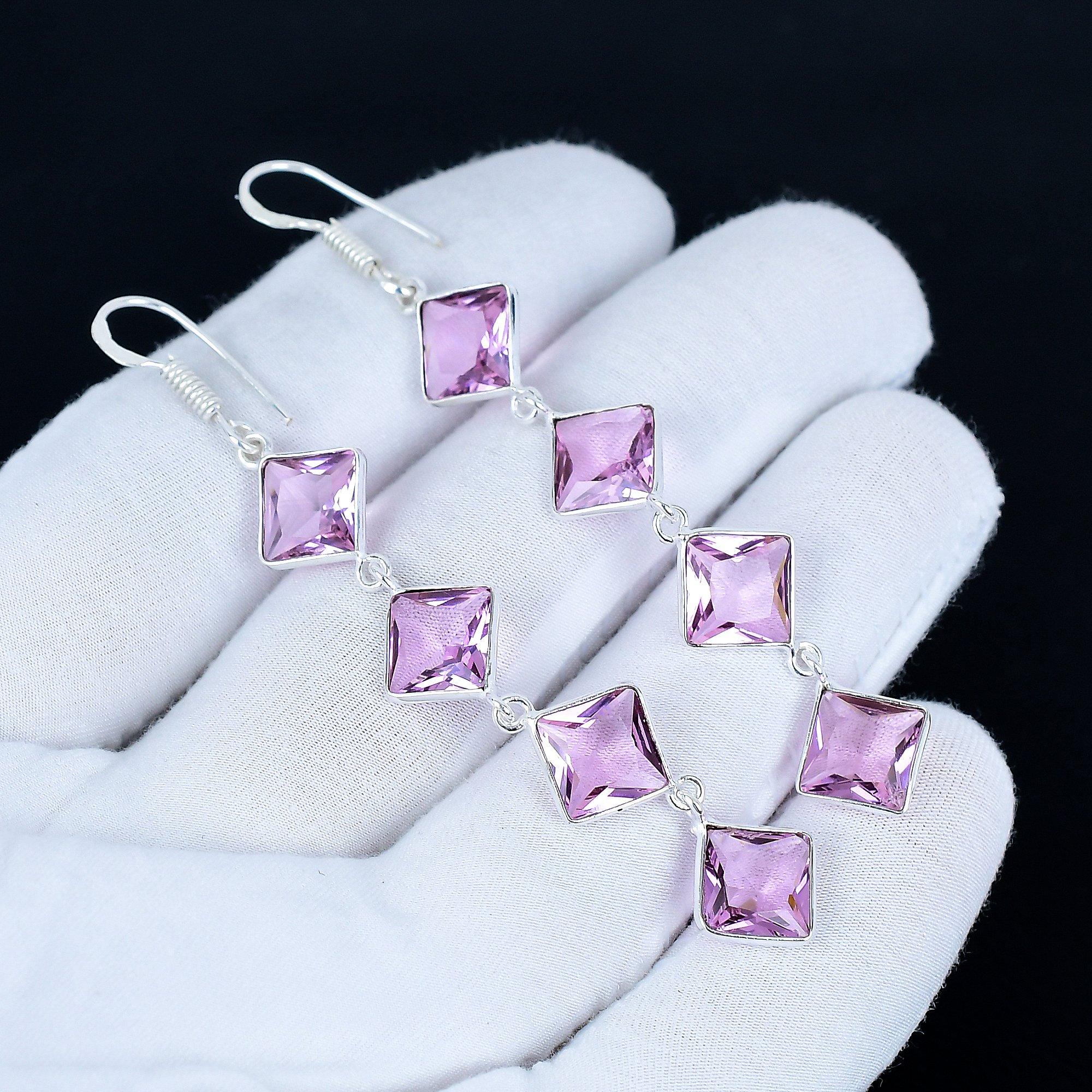 

Pink Kunzite Gemstone Earrings, 925 Sterling Silver Earrings, Handmade Silver Earrings For Gift, Pink Kunzite Dangle Earrings Valentine Day Gift 8 Cm розовый