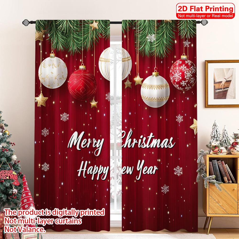 2pcs 2D flat printing Christmas Window Curtains Christmas Background Christmas Gold 100% Polyester Without Electricity Birthday