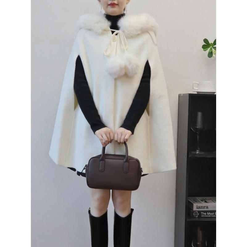 

Осень и зима новый вязаный двусторонний твидовый плащ-накидка с капюшоном и помпоном средней и длинной длины, куртка-свитер женская one size fits all