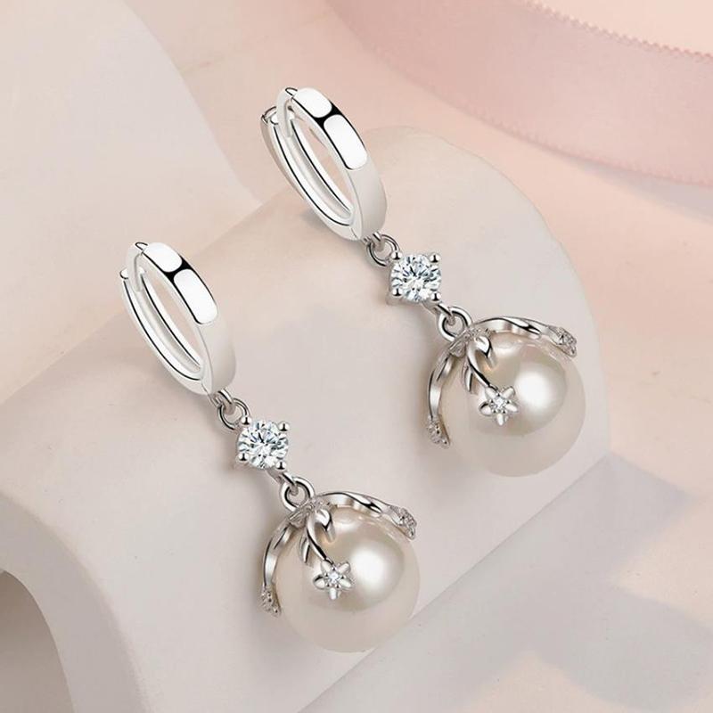 Pearl Earrings Fashionable Temperament Inlaid Zircon Flower Ear Buckle Light Luxury Sweet 925 Silver Women's Earrings KOFSAC