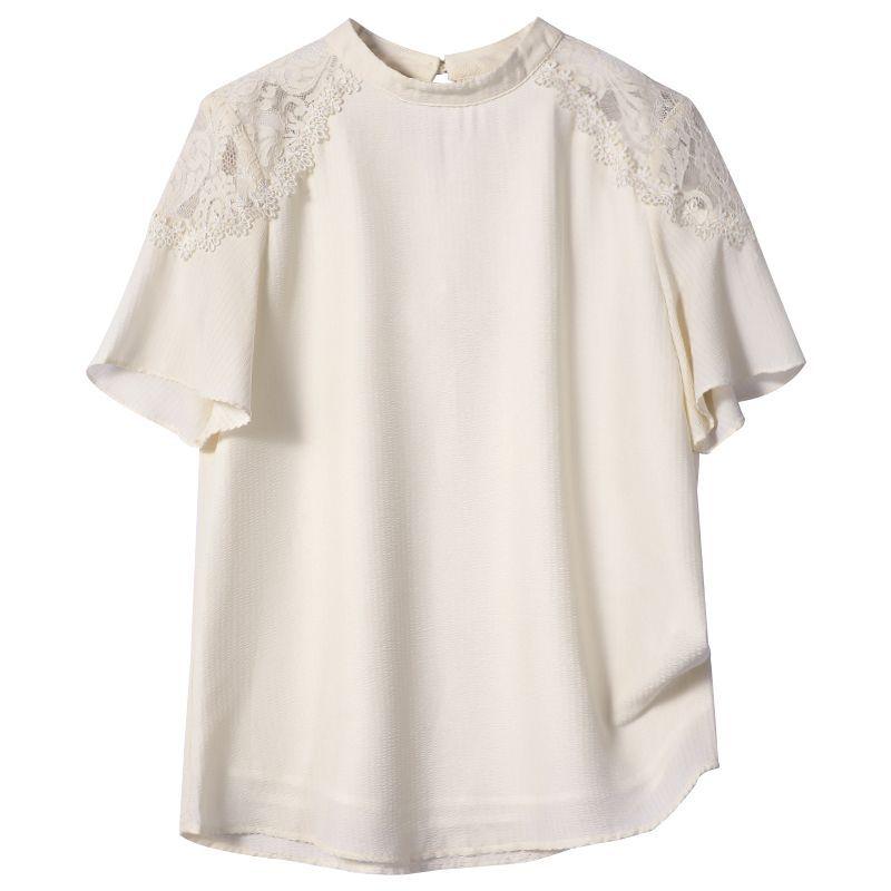 Chic Chinese Style Summer Blouse Womens Lace Short Sleeve Casual Fashion Chiffon Top