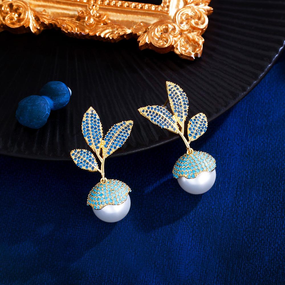 Vintage Medieval Light Luxury Leaf Turquoise Pearl Earrings Temperament Micro-Inlaid Zircon Pearl Earrings Earrings