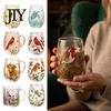 Handleless Glass Cup Morning Tea Cup, Hummingbird Flower Pattern Tumbler with Gold Rim, Nature Strainer Themed Glassware for Coffee Juice Wine