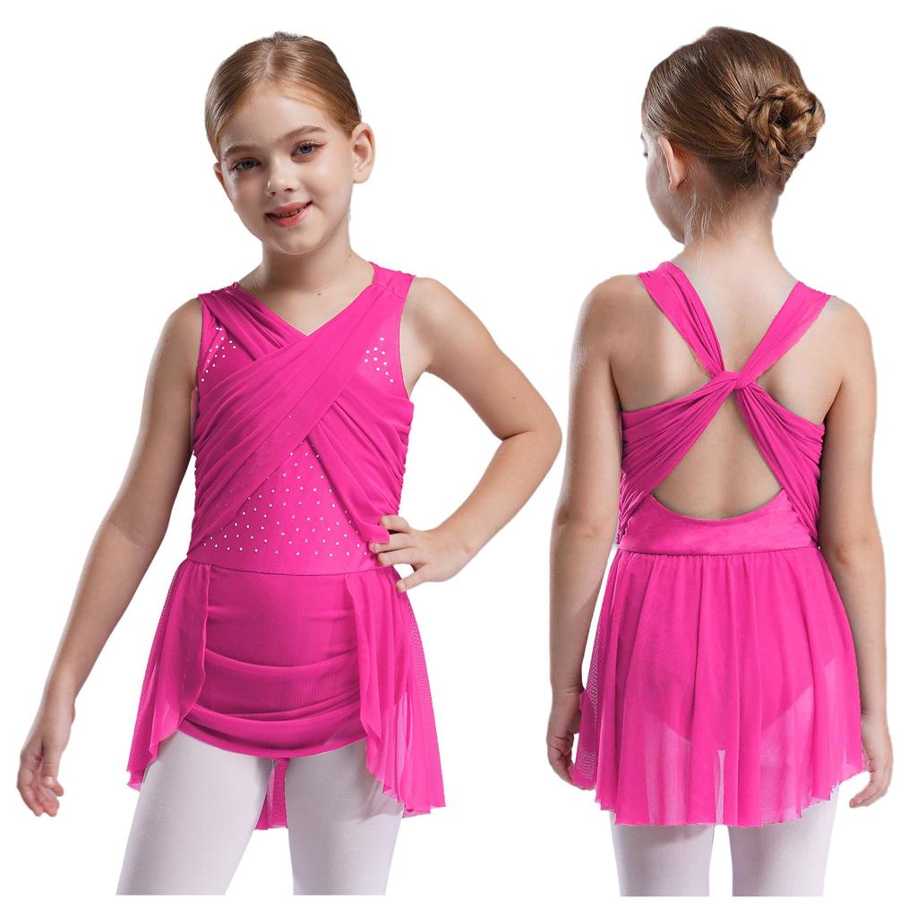 Girls Figure Skating Dress, Lyrical Dance Costume with Mesh Overlay, Cutout Back, Shiny Rhinestones & Irregular Hem