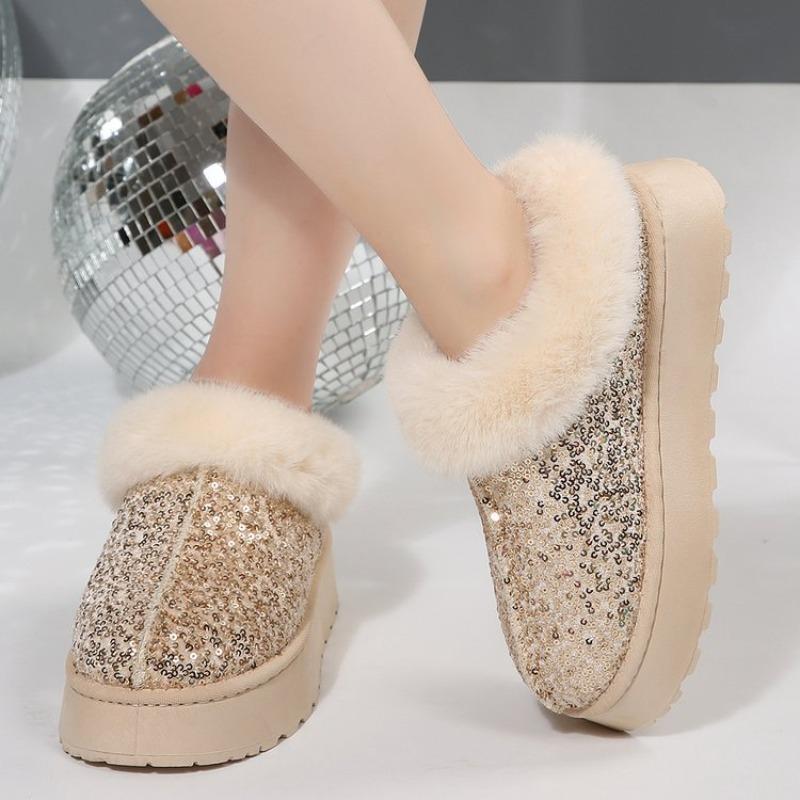 Sequined thick-soled snow boots women's autumn and winter thickened short tube one-pedal fluffy cotton boots