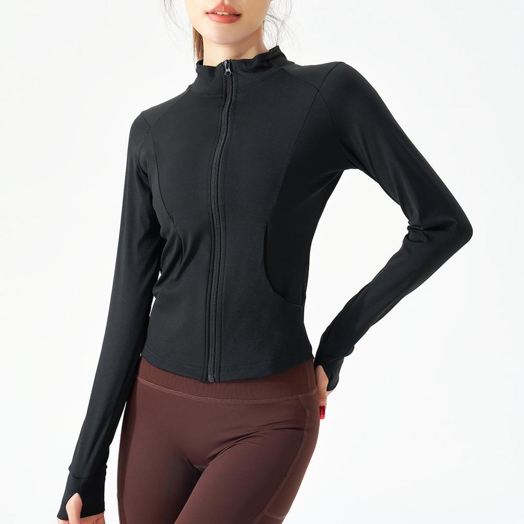Damska kurtka do jogi szybkoschnąca: Dopasowany kardigan zapinany na zamek ze stójką do biegania i treningu