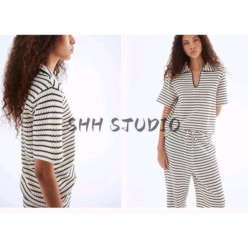 Summer Women's Rollneck Short-Sleeve Shirt Collared Top 1274589 Texture Knit Casual Pants 1283157