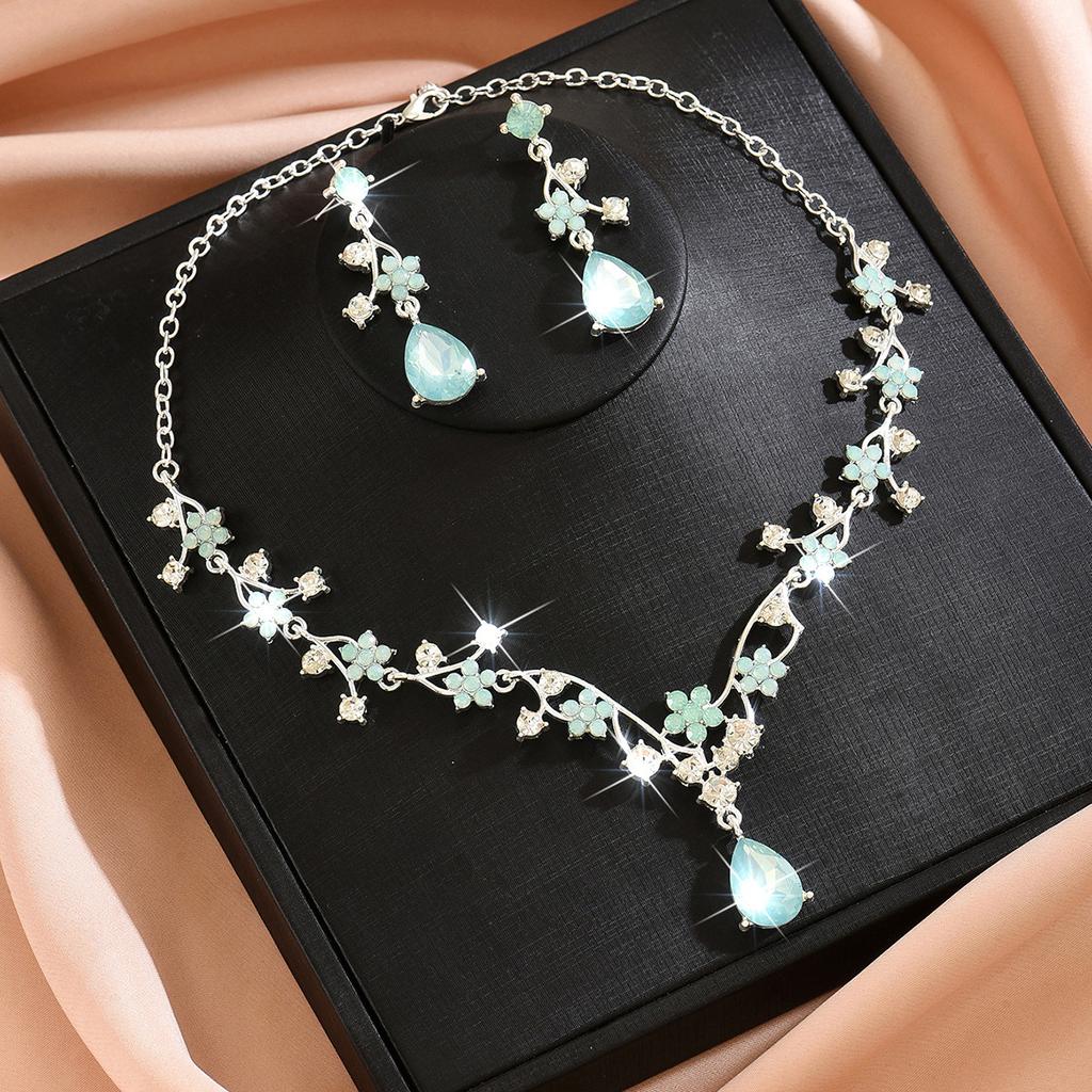 Women's Blue Geen Floral Earrings Necklace Set, Elegant Jewelry Gift for Women, Perfect for Parties & Daily Wear