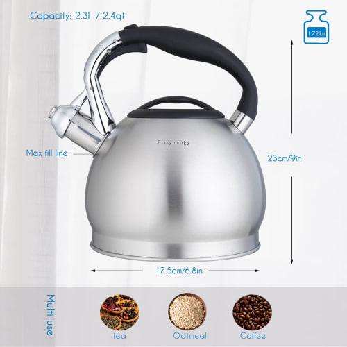 Easyworkz Whistling Stovetop Tea Kettle, Wide Mouth, Stainless Steel, with Loud Whistle, 2.3 Liters
