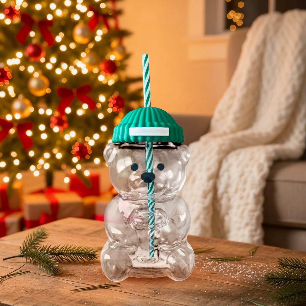 Bärenform Plastikbecher mit Strohhalm Kaffeetasse Niedlich Cartoon Kreatives Glas Saftbecher Teetasse Trinkgeschirr Neujahrsdeko Wohngeschenke