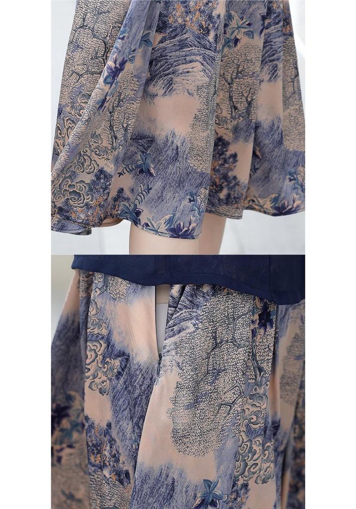 Robe élégante à manches courtes pour femmes d'âge moyen et âgées - Nouveau style chinois et national, Été, Coupe ample, Option grande taille