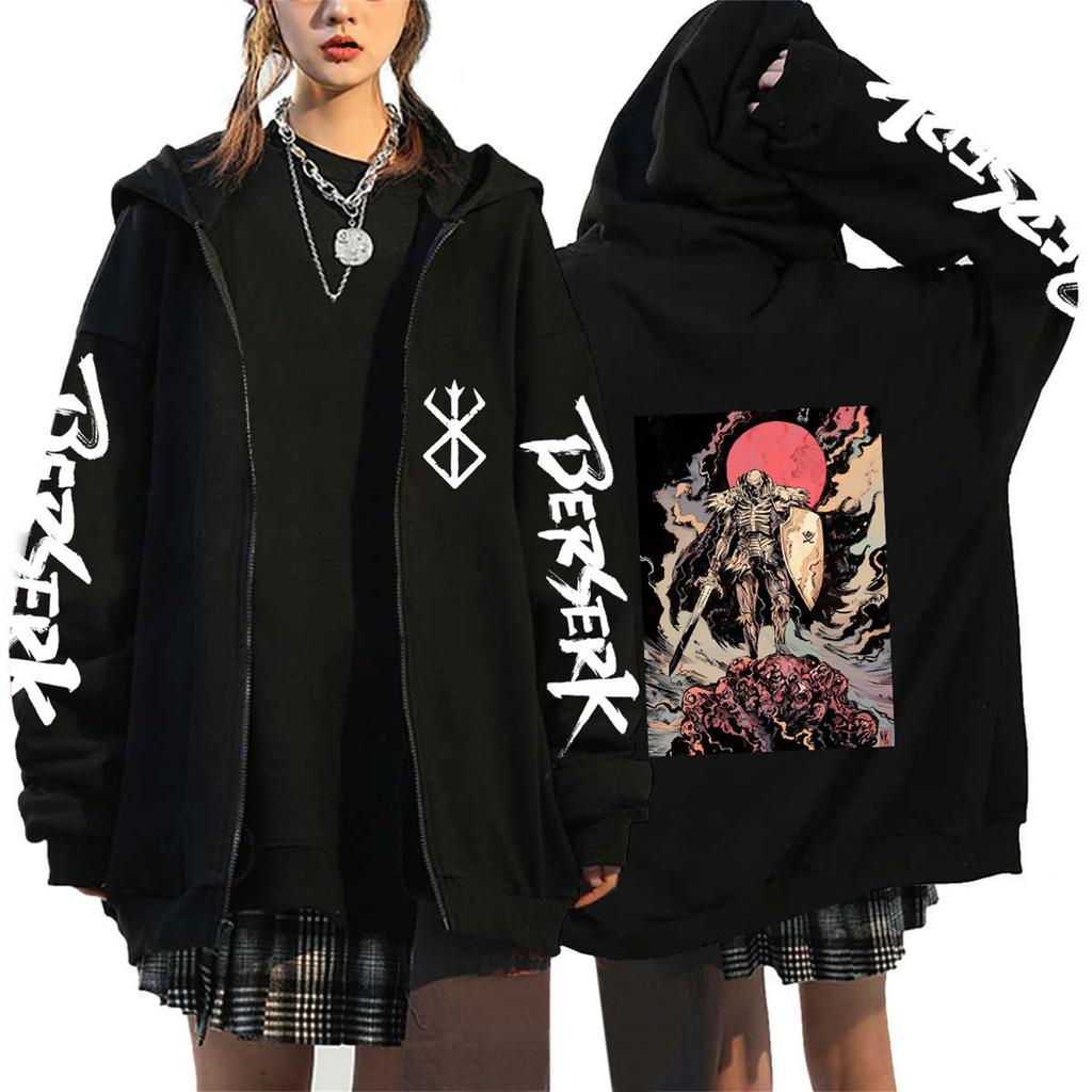 Anime Berserk Sword Legend Printed Zipper Hoodie for Men and Women, Casual Sportswear, Hoodie and Top
