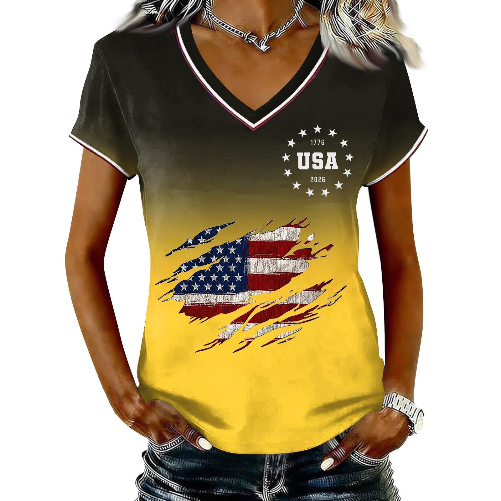

Women Casual V Neck Short Sleeve Pullover T Shirt Gradient Print Independence Day Top Lightweight Summer Tee L жёлтый