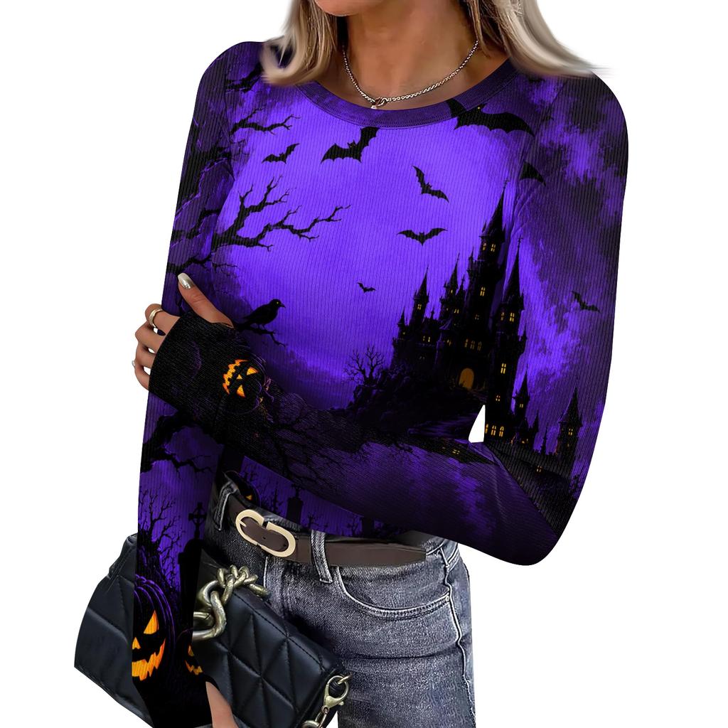 Women's Slim Fit Halloween Print Pullover Long Sleeve T Shirt Crew Neck Base Layer Top with Thumb Hole Cuffs Stretch Fabric