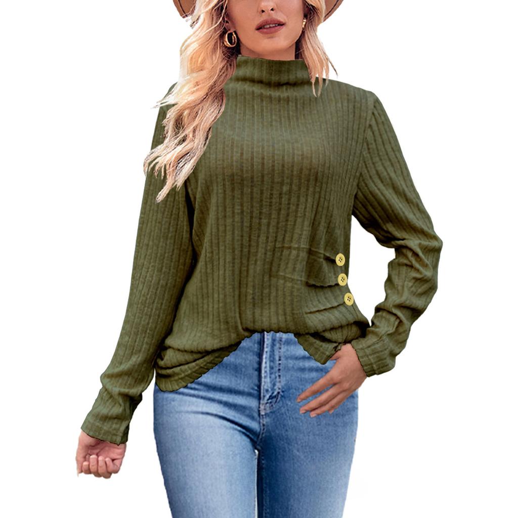 Women's Fashion  Casual Autumn Winter Solid Color Print Long Sleeve Half Turtleneck Blouses & Shirts