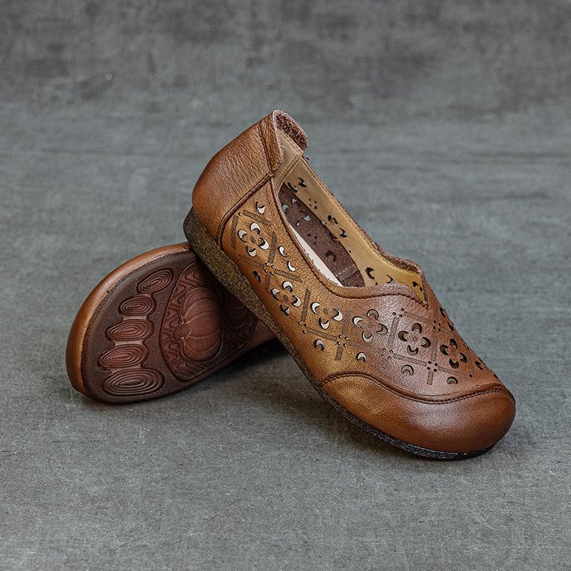 The first layer of cowhide new hollow women's single shoes retro flat heel soft sole non-slip one pedal breathable hole women cool