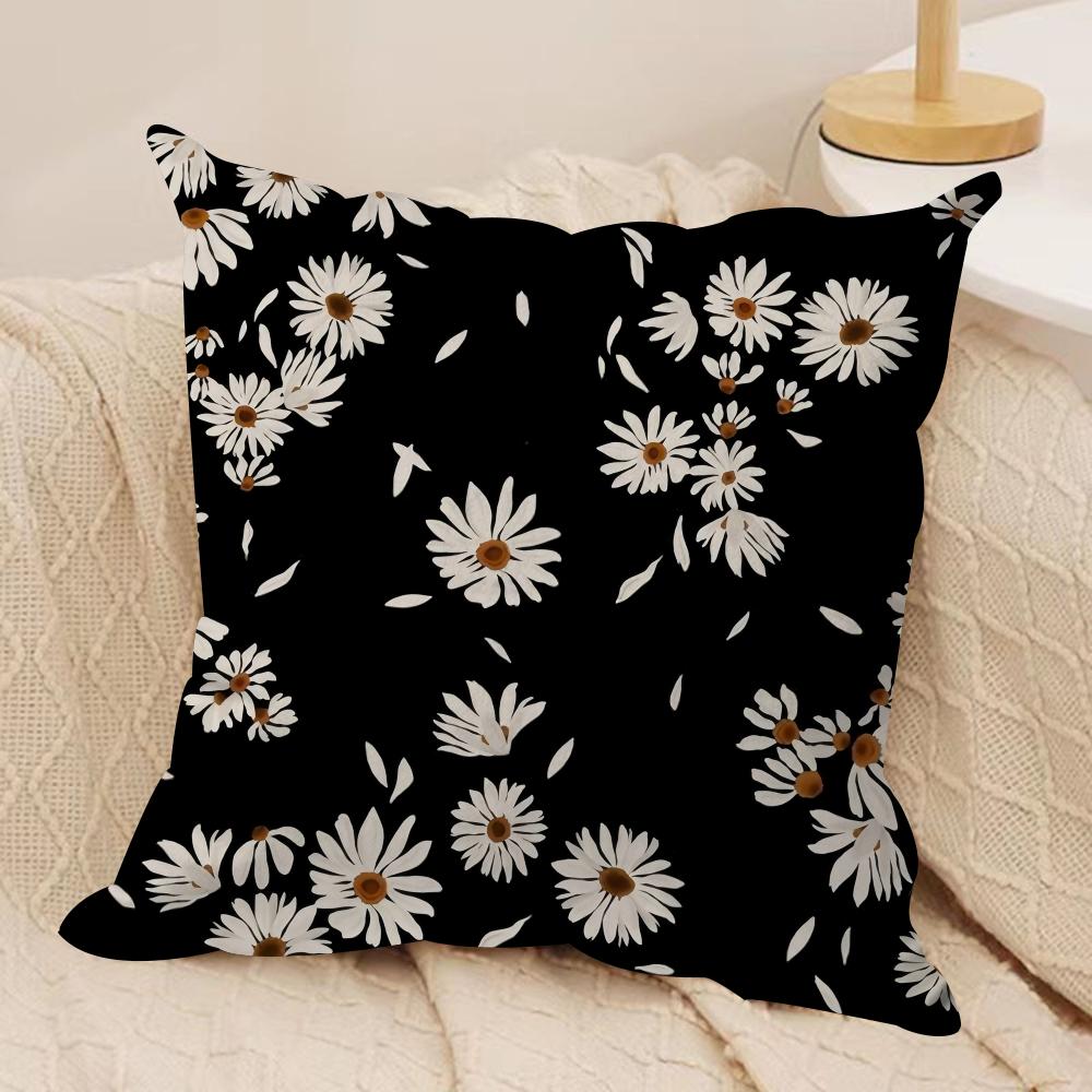 Classic Black Daisy Cushion Cover Short Plush Doublesided Print Square Throw Pillow Covers Sofa Home Cushion Decor