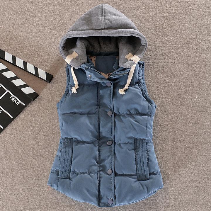 Dames Herfst en Winter Kort Warm Vest met Capuchon Plus Size Opstaande Kraag Slim Zakjas