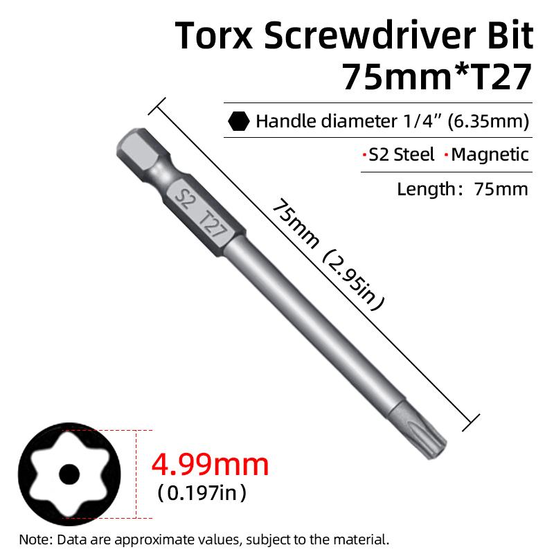 75mm Magnetische Torx Schraubendreherbits Security Manipulationssicherer Bit T6-T40 Hohlkopf Pflaumenblütenkopf S2 1/4'' Sechskant Hand Elektrowerkzeuge