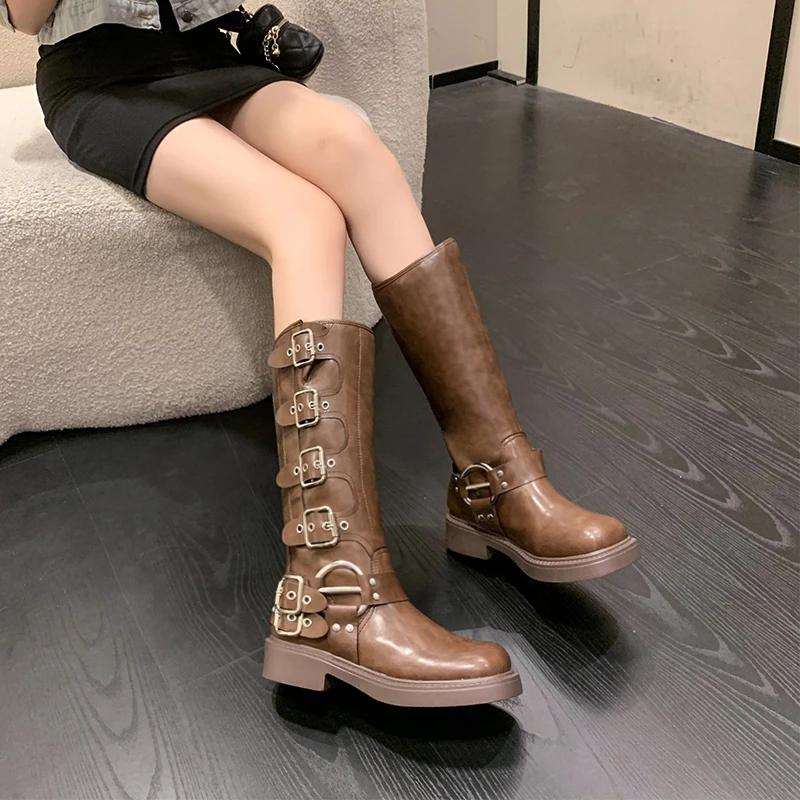 Woman Boots Knee High Platform Elegant Low Heel Trend Punk Gothic New Rock Leather Fashion Women'S Shoes Motorcycle Footwear