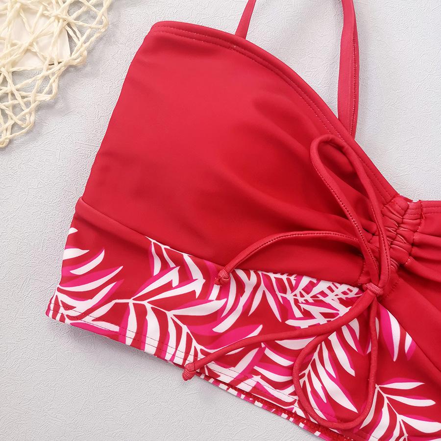 Bikini z wysokim stanem Damskie Vintage Kwiatowy Wzór Plisowany Sznurek Push-Up Patchwork Kostium Kąpielowy Duży Rozmiar Strój Kąpielowy