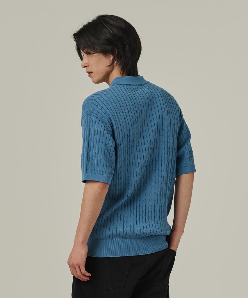 ANALOG MOOD Cable Half-Zip Collar Short-Sleeve Knit (Sky Blue)