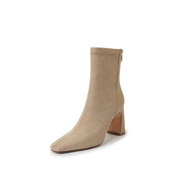 Square Head Thick Heel Short Boots Women's Splicing Fashion Boots Short Tube High Heel Suede Socks Boots Elastic