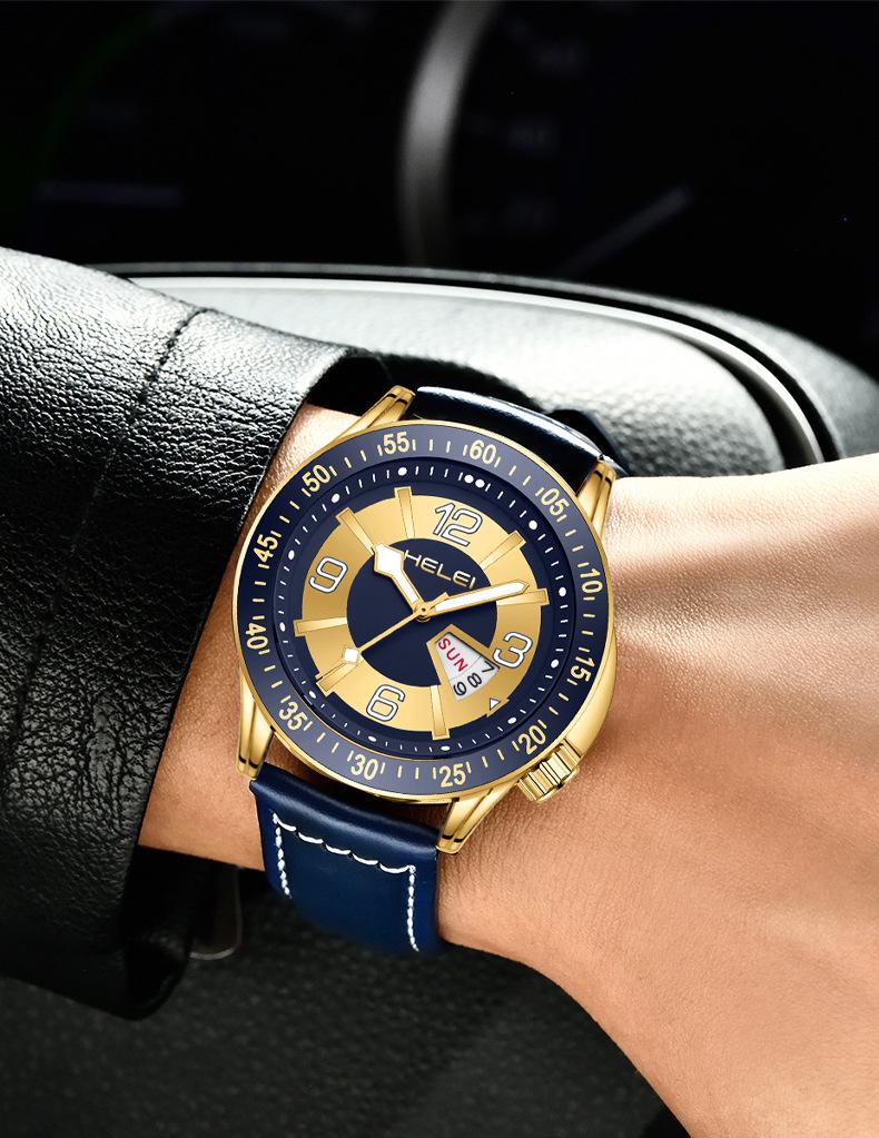 HELEI Men's Luminous Quartz Watch: Waterproof with Genuine Leather Band.