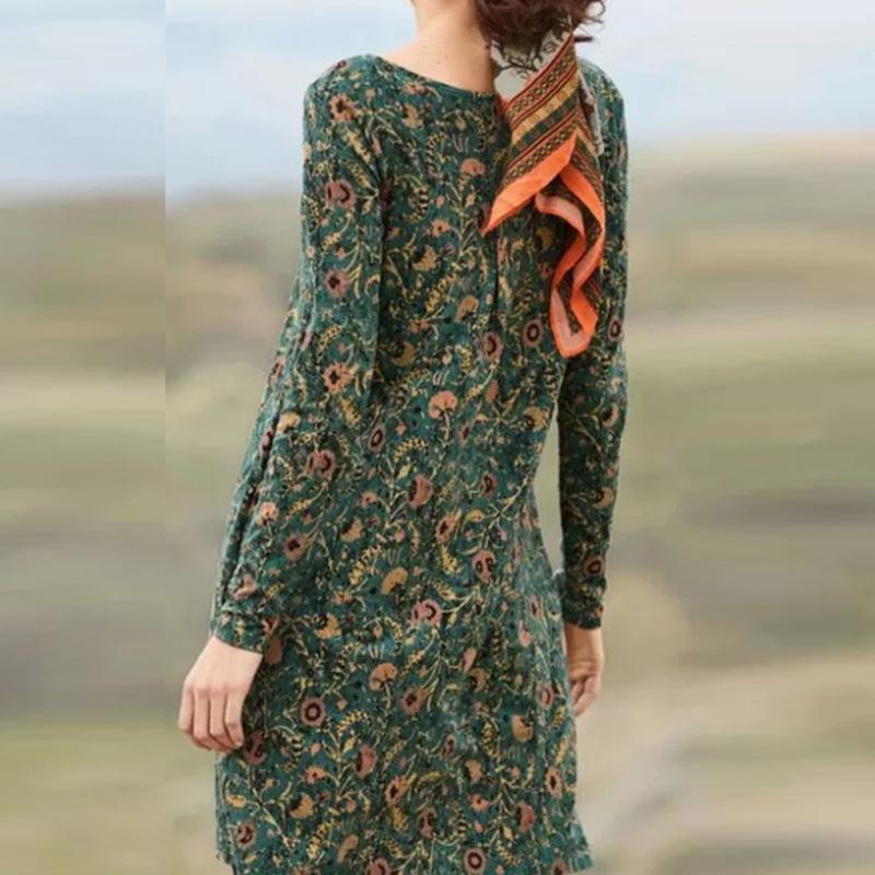 2021 Autumn Floral Print Long Sleeve Pullover Mid-Length Dress for Women