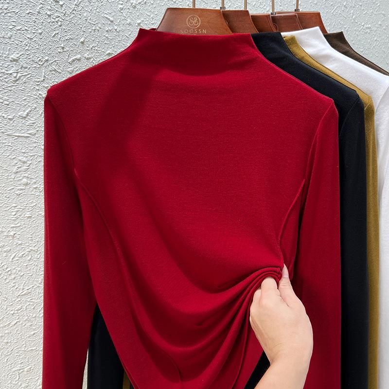 Semi-turtleneck T-shirt Women's Long-sleeved Spring and Summer New Clothes with Lines Underneath, Black Top Women