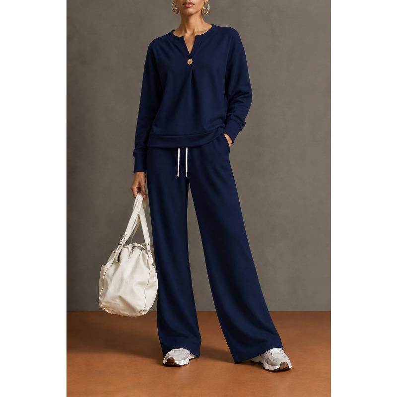 Damen Zweiteiliges Set Langarm-Sweatshirt und Weite Hosen Einfarbig Lässig