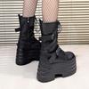 Fashion 17CM High Platform Gothic Boots Buckle Autumn Winter Leather Shoes Punk Street Cosplay Mid-calf Boots Motorcycle Short Botas