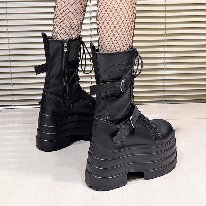 Fashion 17CM High Platform Gothic Boots Buckle Autumn Winter Leather Shoes Punk Street Cosplay Mid-calf Boots Motorcycle Short Botas
