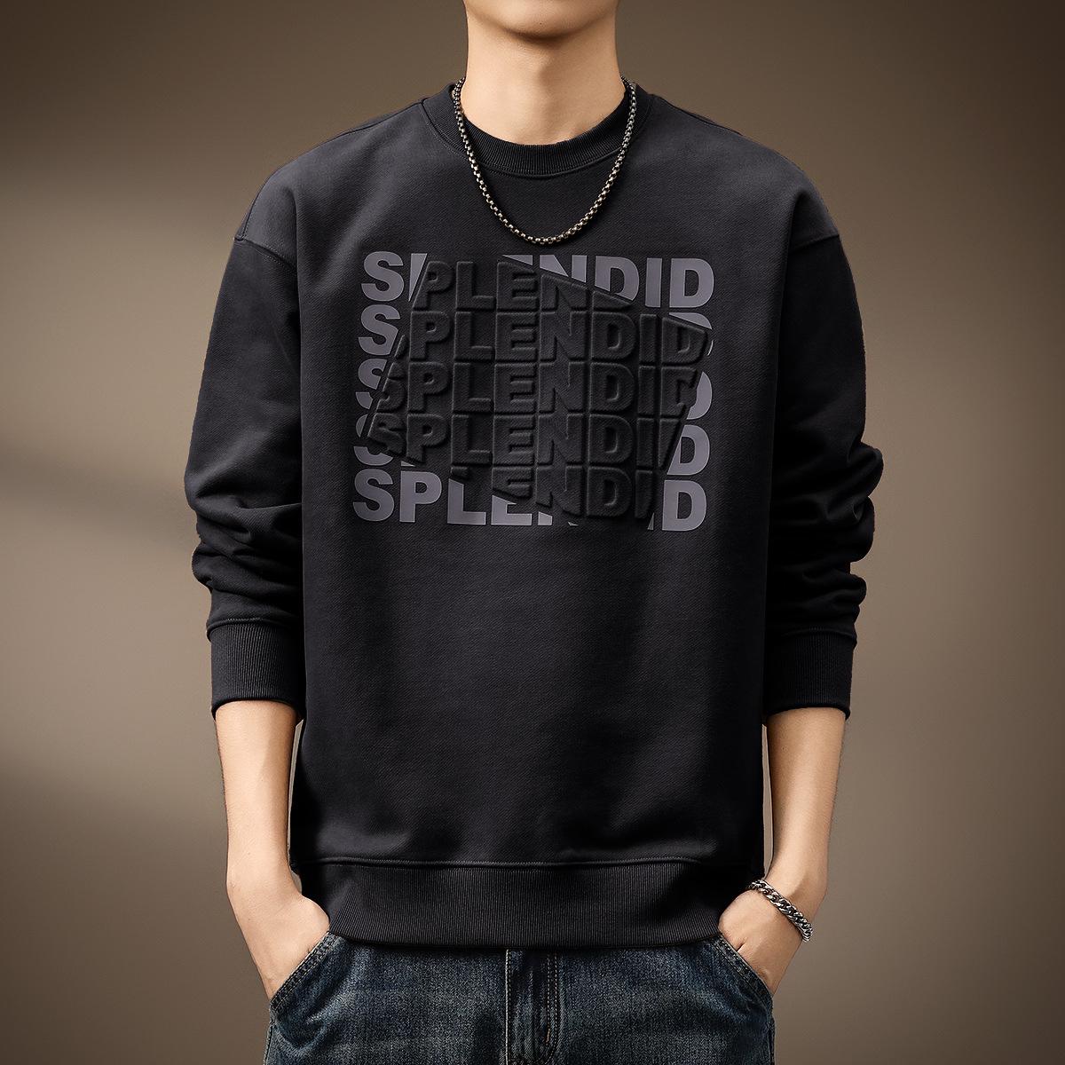 American Style 2025 Men s Trendy Embossed Letter Hoodie, Round Neck, Loose Fit, Plus Size L