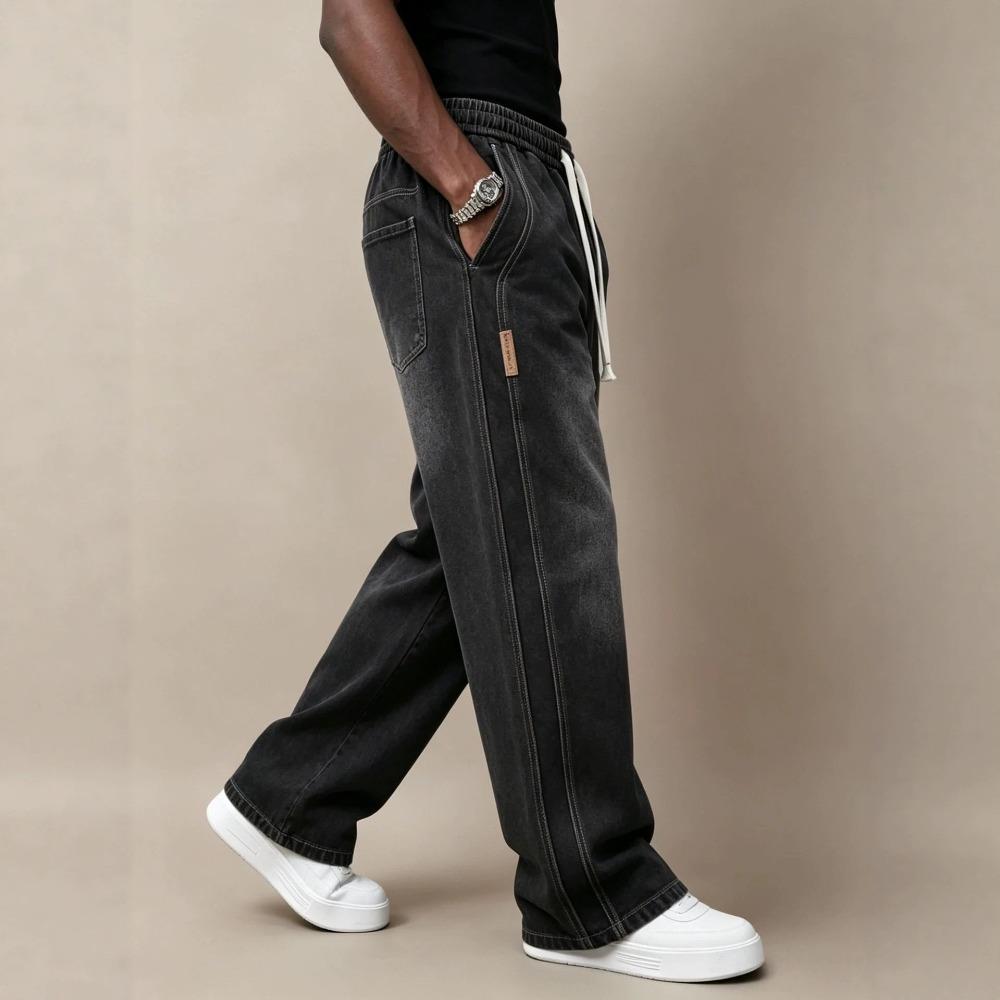 Herren Jeans mit geradem Bein, elastischem Bund mit Kordelzug, lockerer Passform und Used-Look