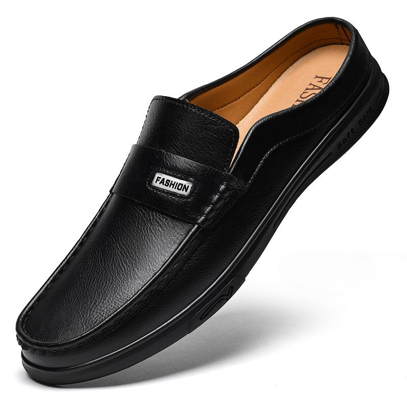 Fashion Breathable Mens Half Slippers Stylish Leathe Male Muller Shoes Loafers Comfy Muller Flats Lazy Shoes Soft Handmade Casual Shoes