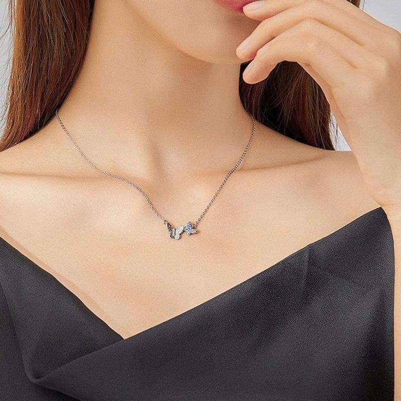 Exquisite Rhinestone Zircon Double Butterfly Necklace – Women's Luxury Colored Diamond Clavicle Chain