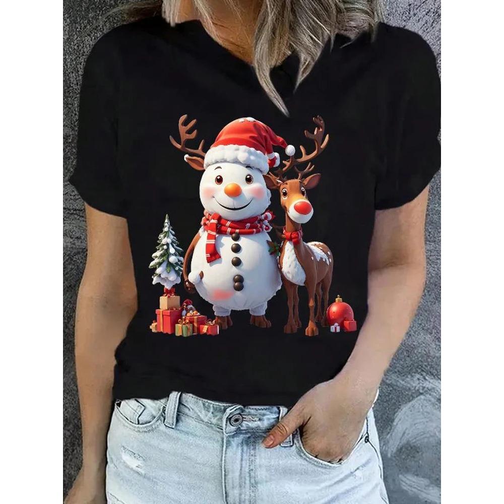 Christmas Women Casual T Shirt Cartoon Snowman Reindeer Christmas Tree Print Female Short Sleeve T-Shirt Suitable for All Season