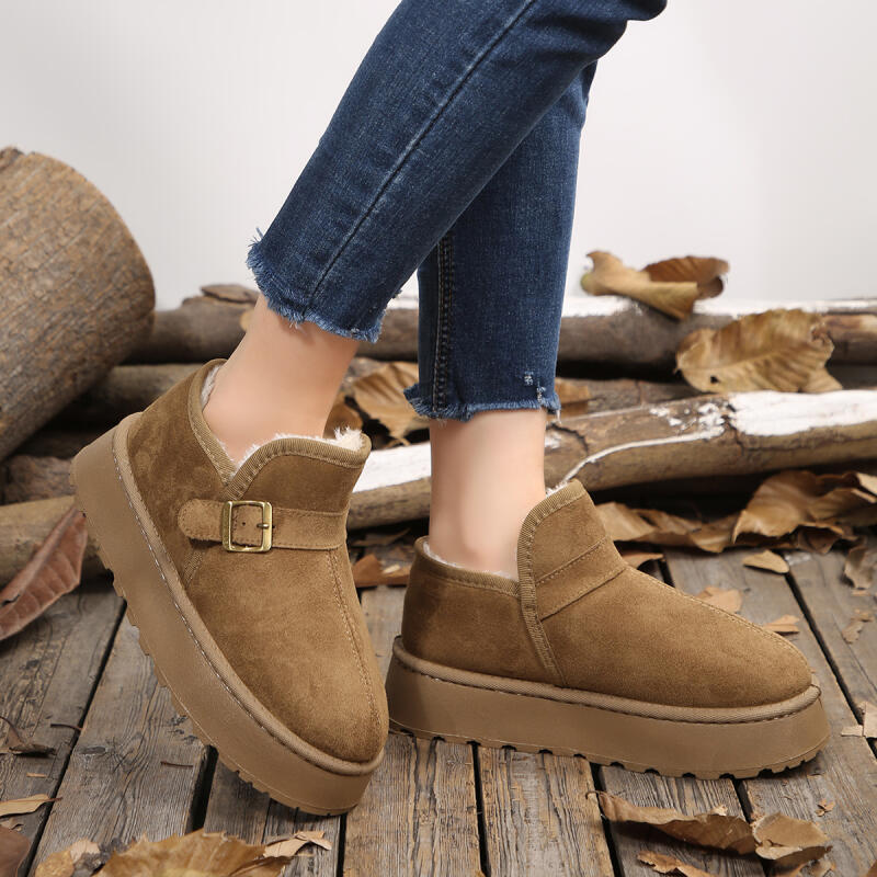Fashion Comfort Thick Bottom Furry Snow Boots Women 2025 Winter Metal Buckle Chunky Platform Suede Ankle Boots Warm Plush Cotton Shoes