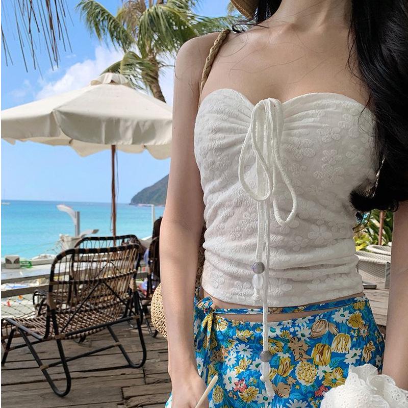 Dopamine Island Resort-Style Two-Piece: Floral Drawstring Bandeau Top & Skirt Set for Women M