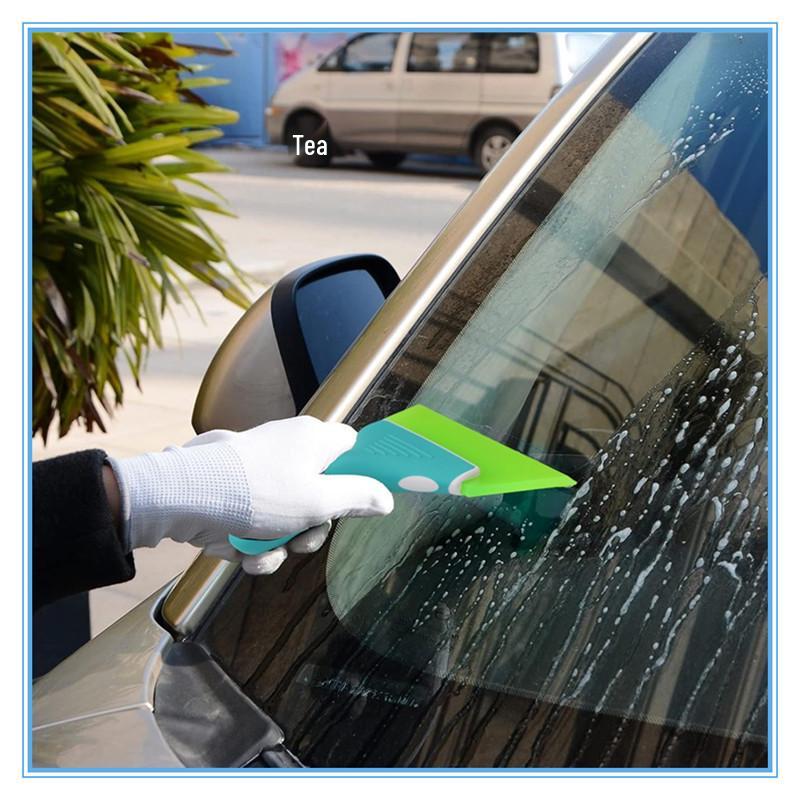 Car Film Scraper Tool with Short Handle - Glass Cleaning Squeegee with Soft/Hard Cow Tendon Rubber Strip
