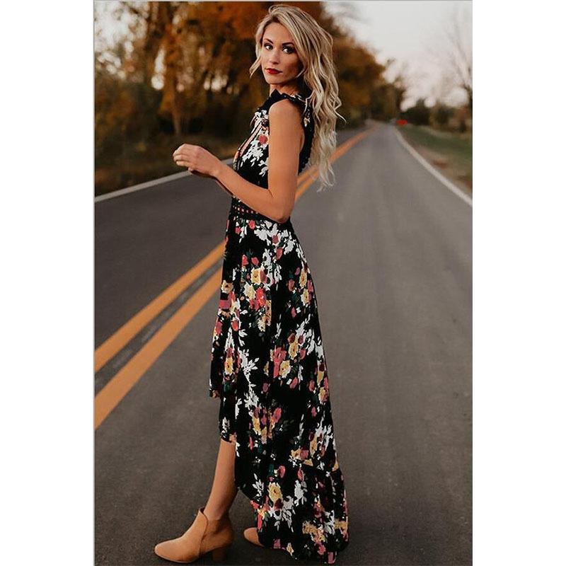 2026 New Women's Dress Sleeveless, Printed Irregular, Lace, Backless, Waist Cinching Long Gown Floral Print Dresses with Backless and Slit Design