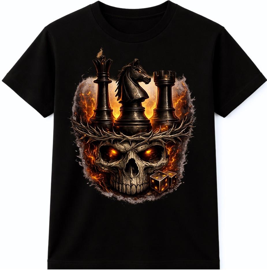 Skull T-Shirt Chess Graphic King Knight Rook Fiery Dark Fantasy Strategy Tee S